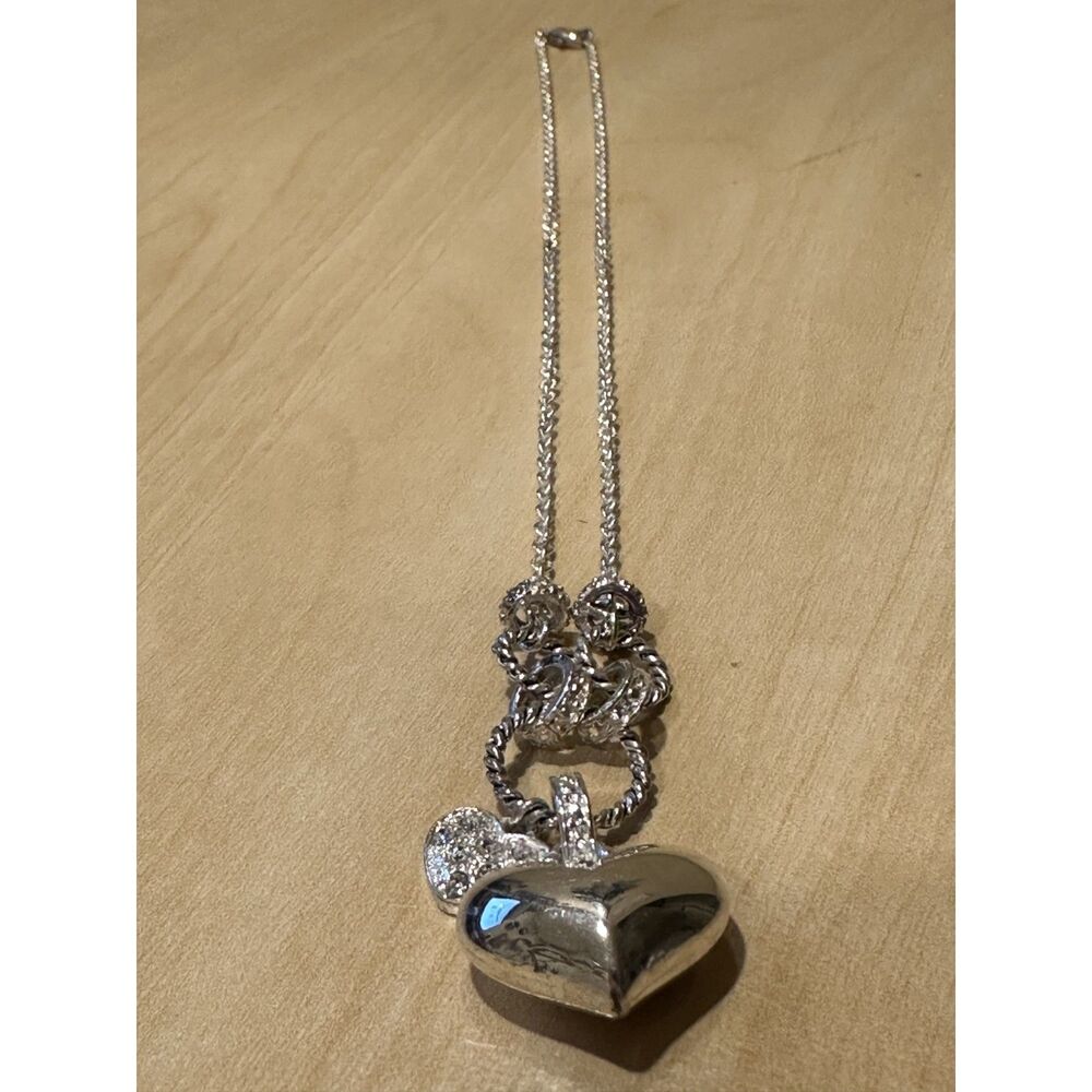 NR Nina Ricci Silver Tone Pave Rhinestone Double Heart Pendant Necklace 18"